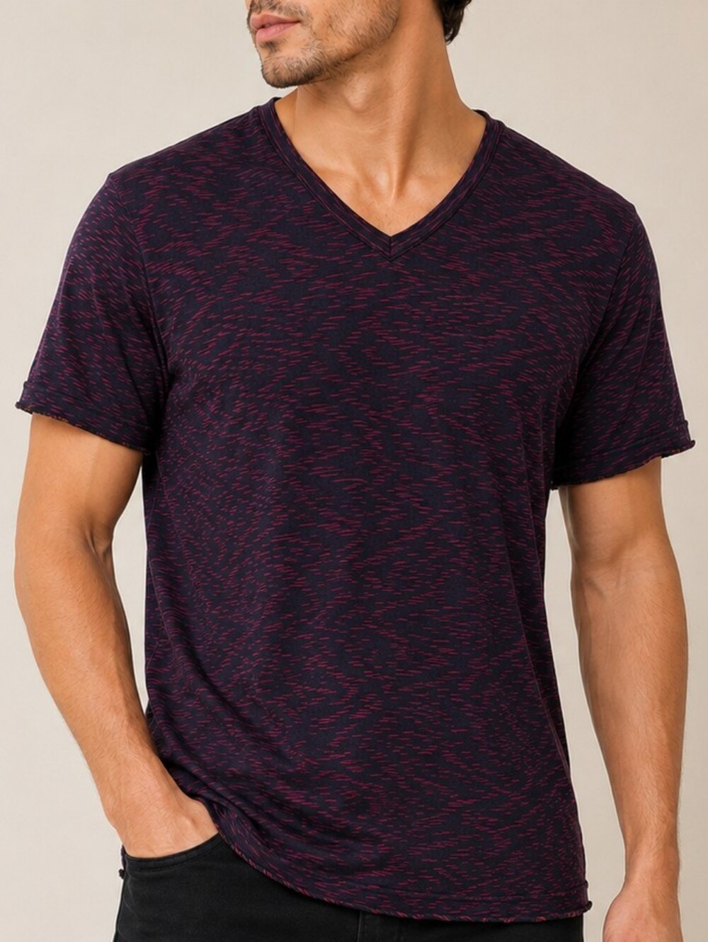 AX Armani Exchange Men Large Black Pink Space Dye V-Neck Tee Regular Fit Shirt